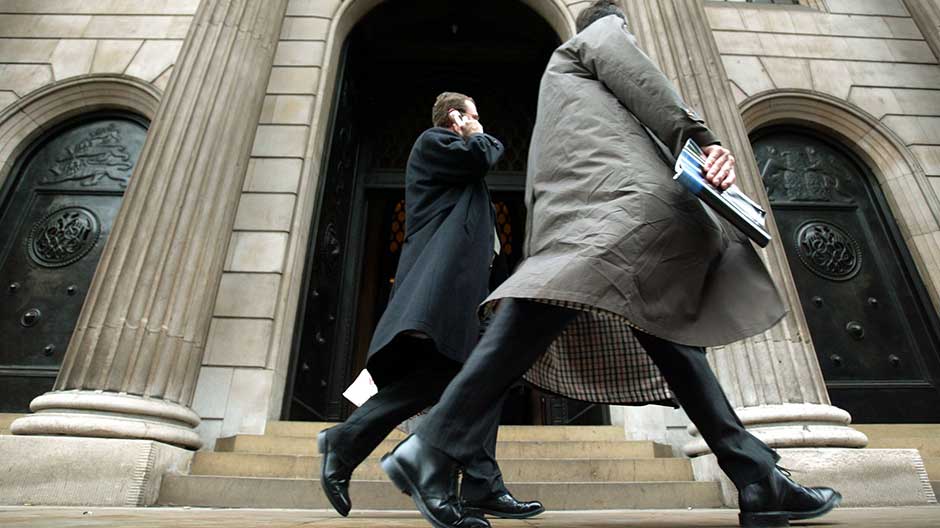 The main entrance to the Bank of England is seen in the City of London, January 13, 2004.