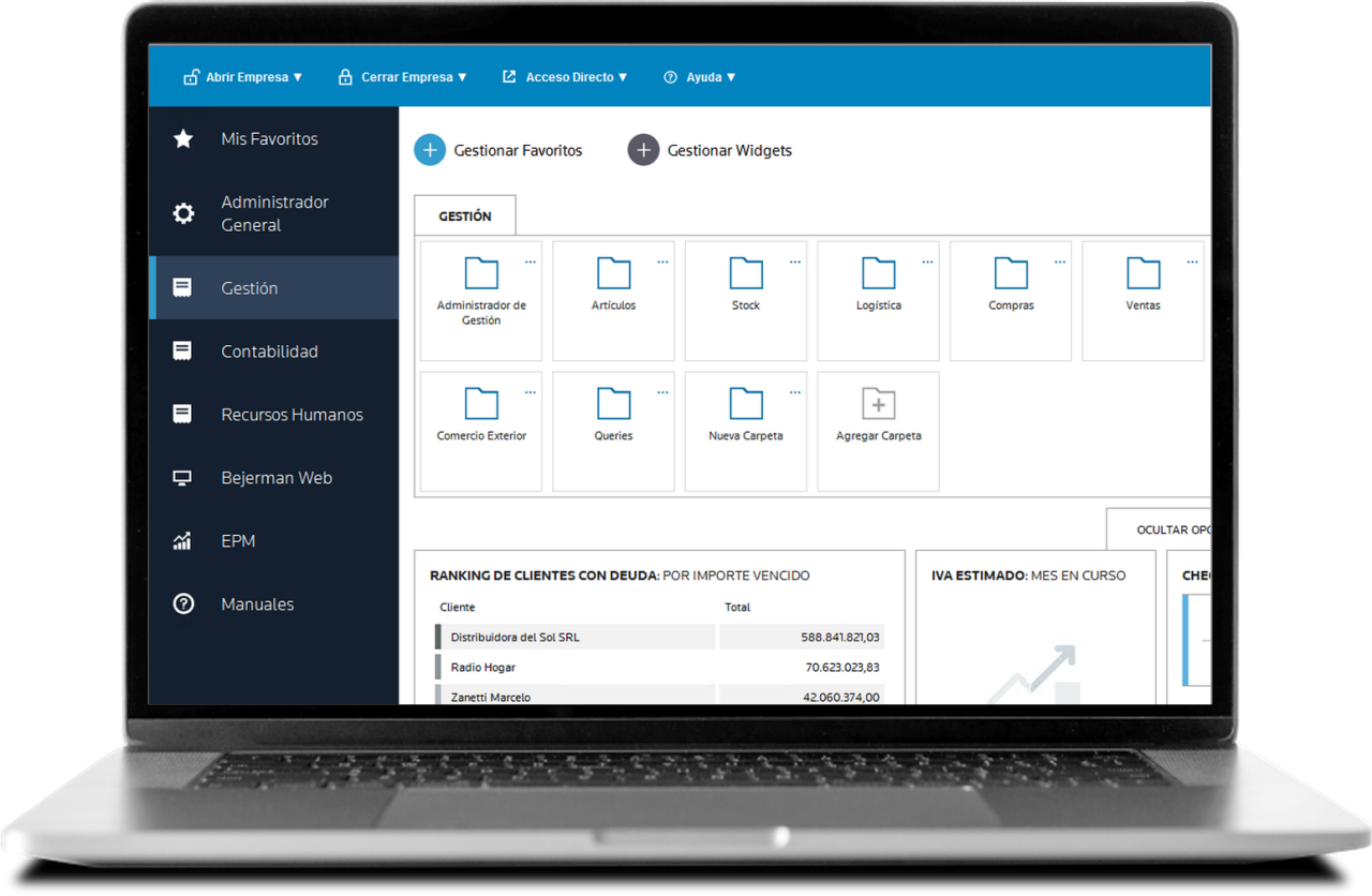 Notebook con el panel de Bejerman ERP, sistema de gestión de Thomson Reuters para PyMEs argentinas: stock, compras y ventas