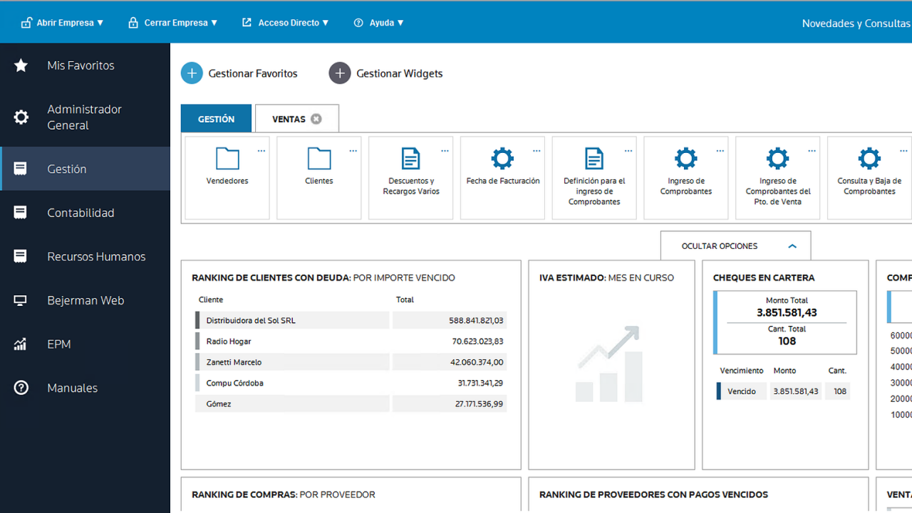Panel de ventas de Bejerman ERP con clientes, ingreso de comprobantes, remito electrónico y COT para PyMEs argentinas