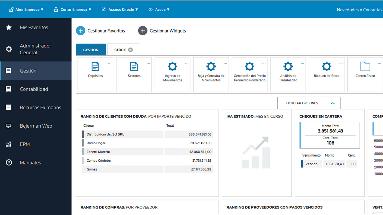 Panel de stock de Bejerman ERP con análisis de trazabilidad, conteo físico y bloqueo de stock